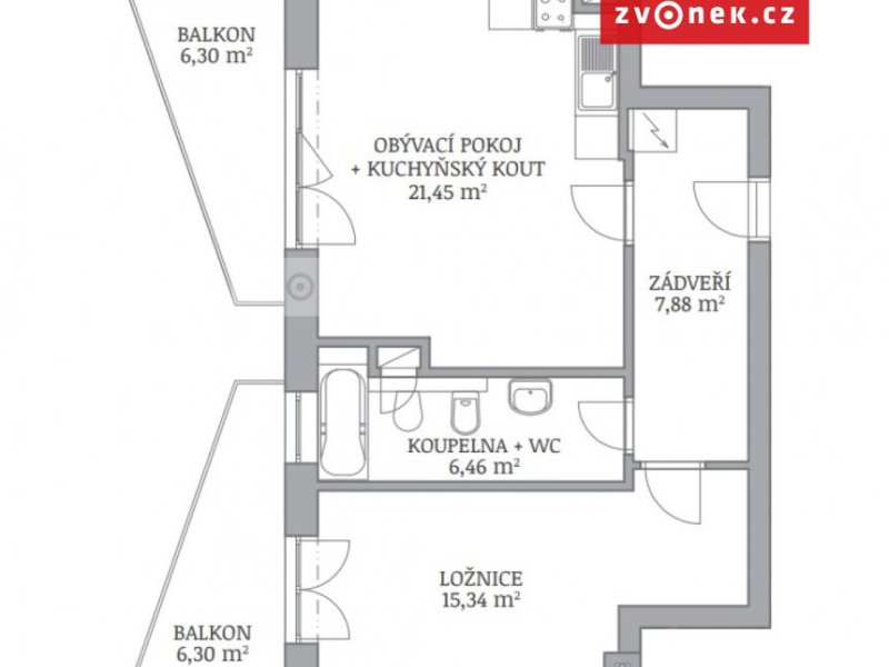 Pronájem bytu 2+KK v novostavbě. Kroměříž, 2x balkón, parkování.
