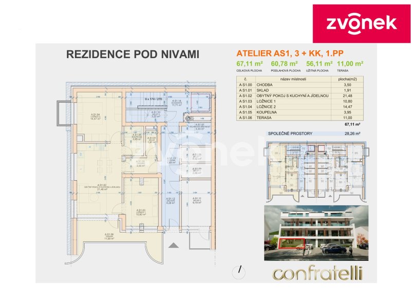 Ateliér - nebytový prostor 3+kk s terasou v novostavbě projektu Byty Pod Nivami