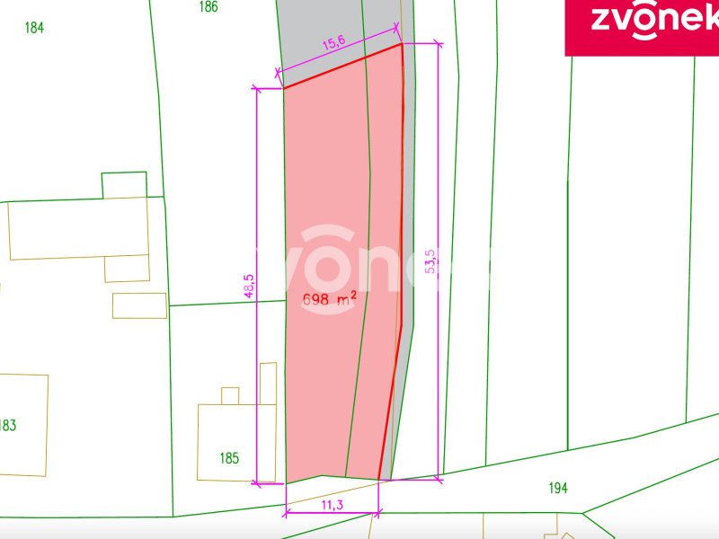 Pozemek k výstavbě 798m2, Veselá u Zlína