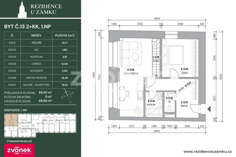 Prodej nového bytu 2+kk 75 m², s galerií 19,1 m² Vsetín