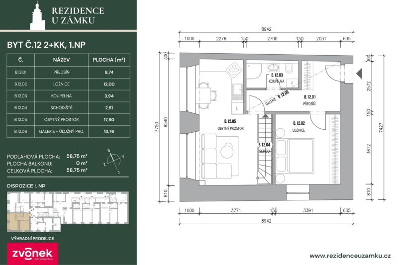 Prodej nového bytu 2+kk 61,8 m², s galerií 13,7 m², Vsetín
