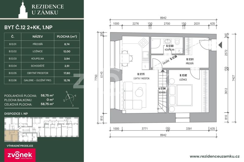 Prodej nového bytu 2+kk 61,8 m², s galerií 13,7 m², Vsetín